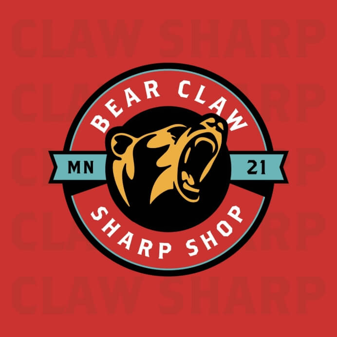 A teal, gold, and white bear logo on a red background.
