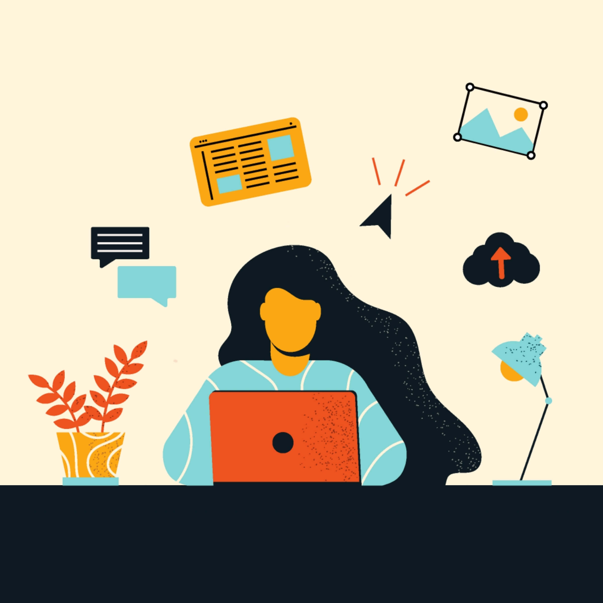 Flat illustration of a woman working on a laptop