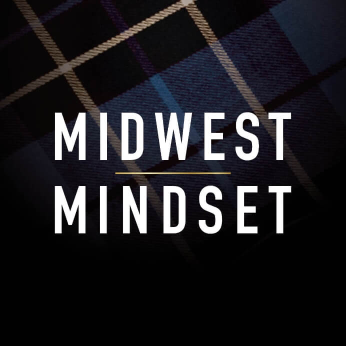 A blue, gold, and black plaid photo with Midwest Mindset in white text.
