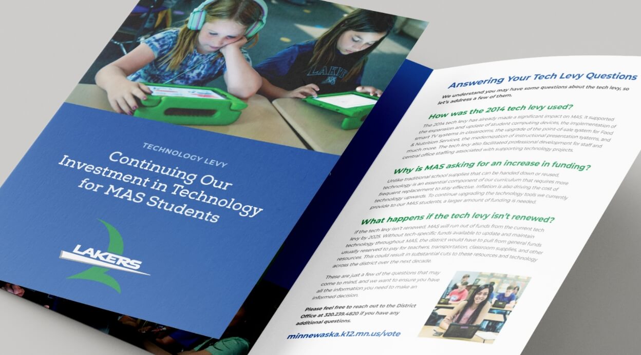 A blue and green school brochure with images of students and block of text.
