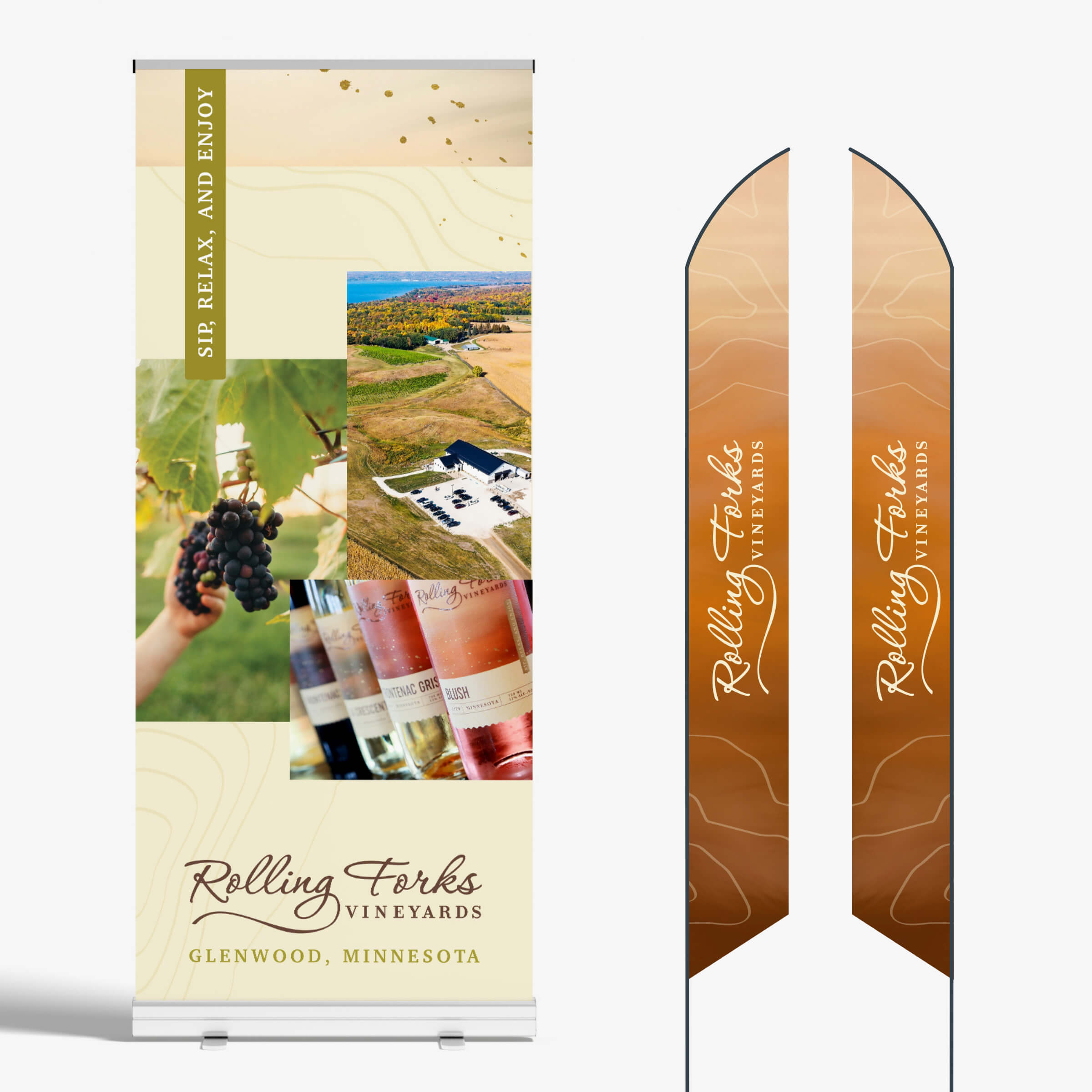 A pull-up banner and flags featuring vineyard imagery.