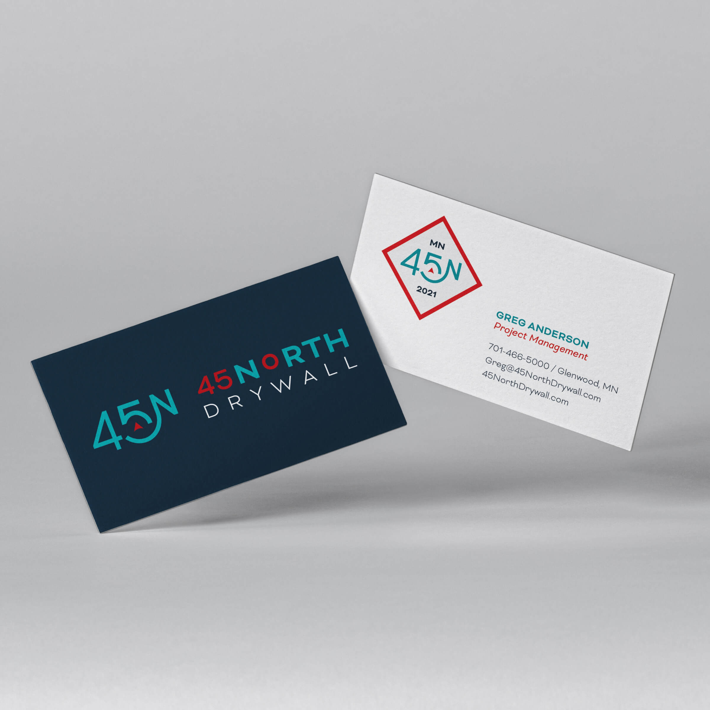 A business card design featuring the 45North Drywall logo and contact information.