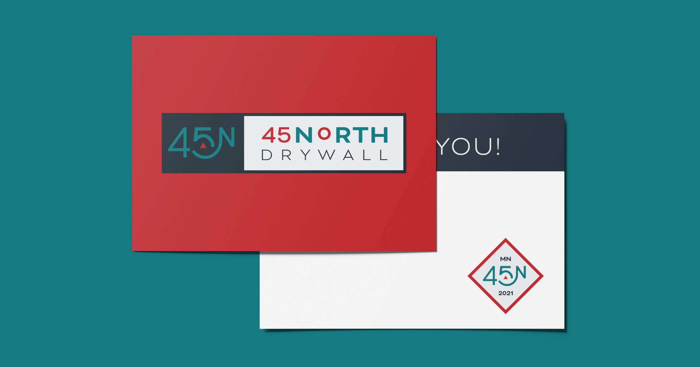 A red postcard featuring the 45North Drywall logo on a teal background.