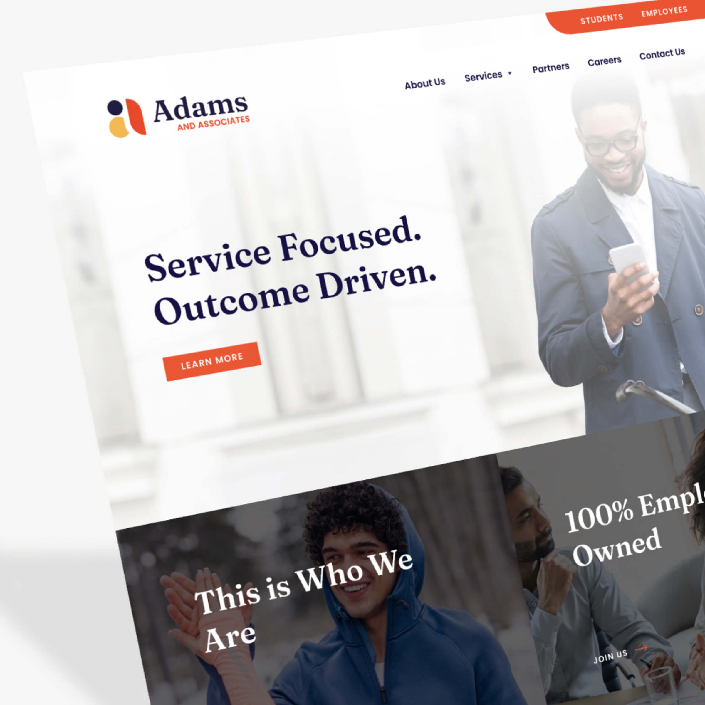 The homepage of a website for a professional service provider.