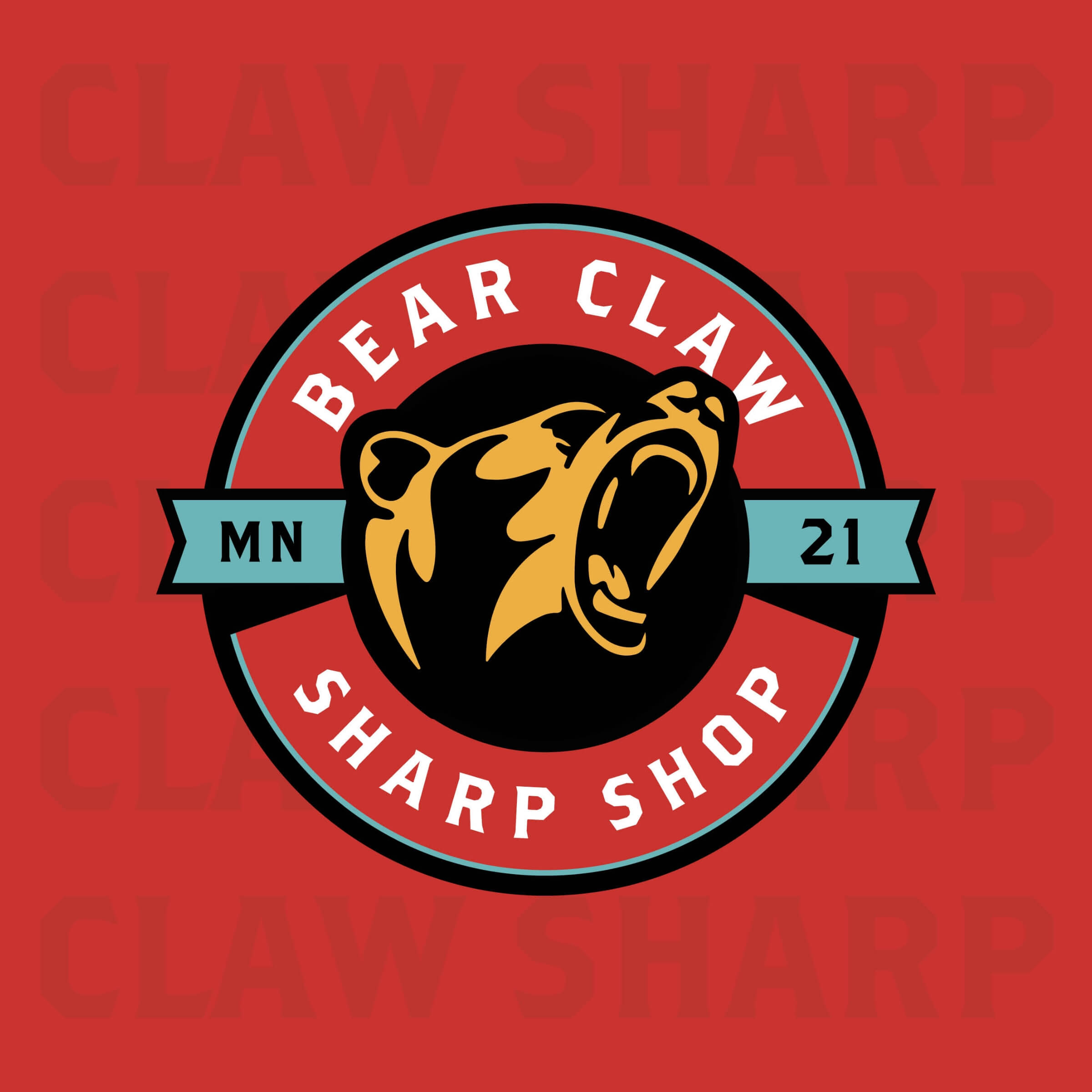 The Bear Claw Sharp Shop logo on a red background.