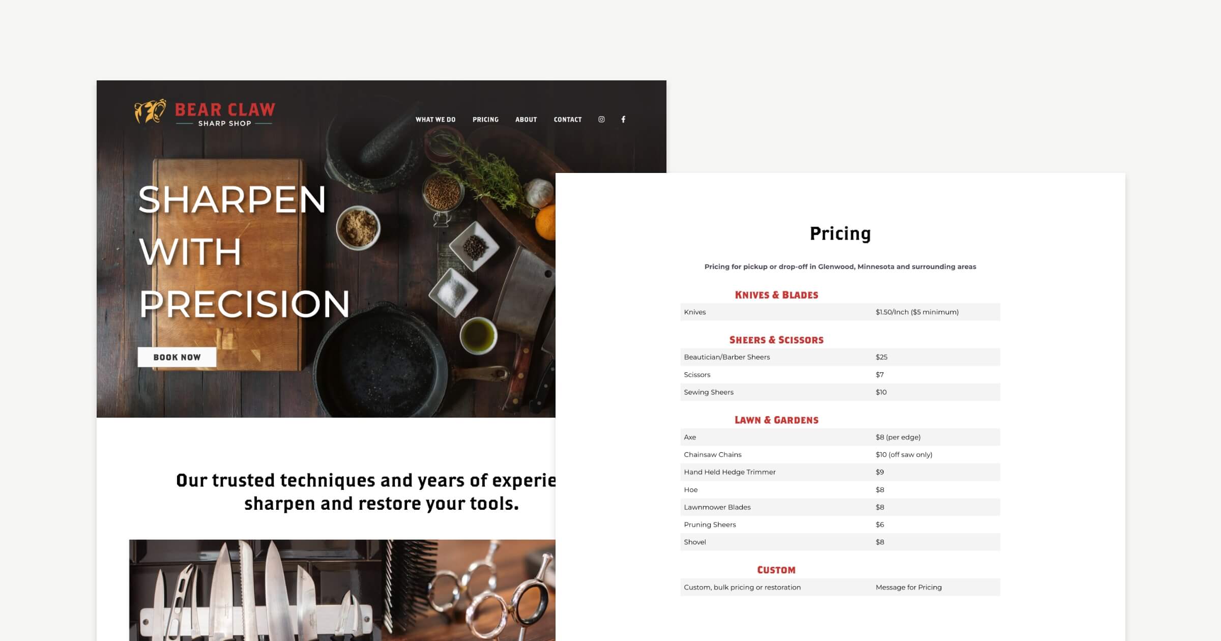 A website for Bear Claw Sharp Shop with large imagery and text.