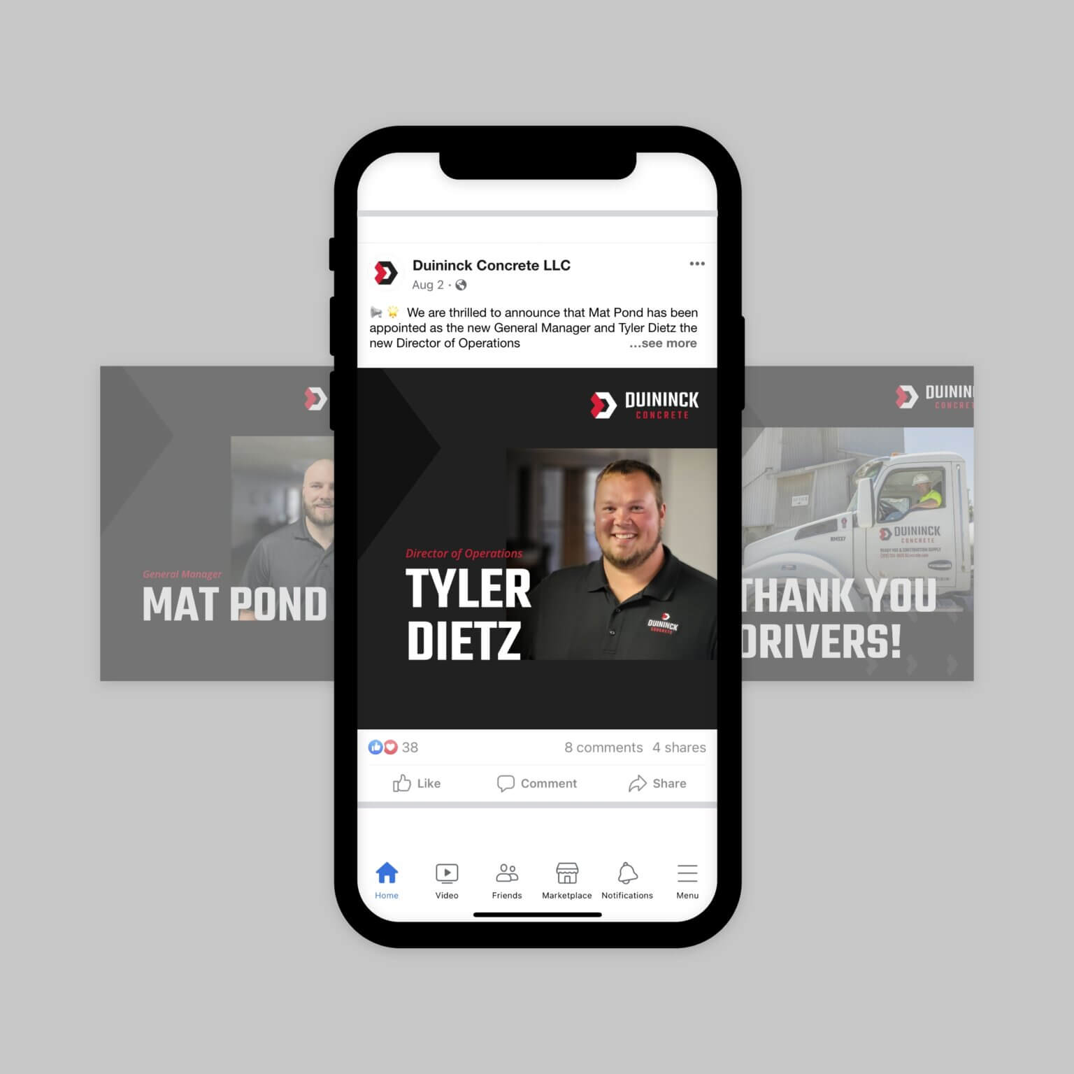 A mobile phone with a social media post.