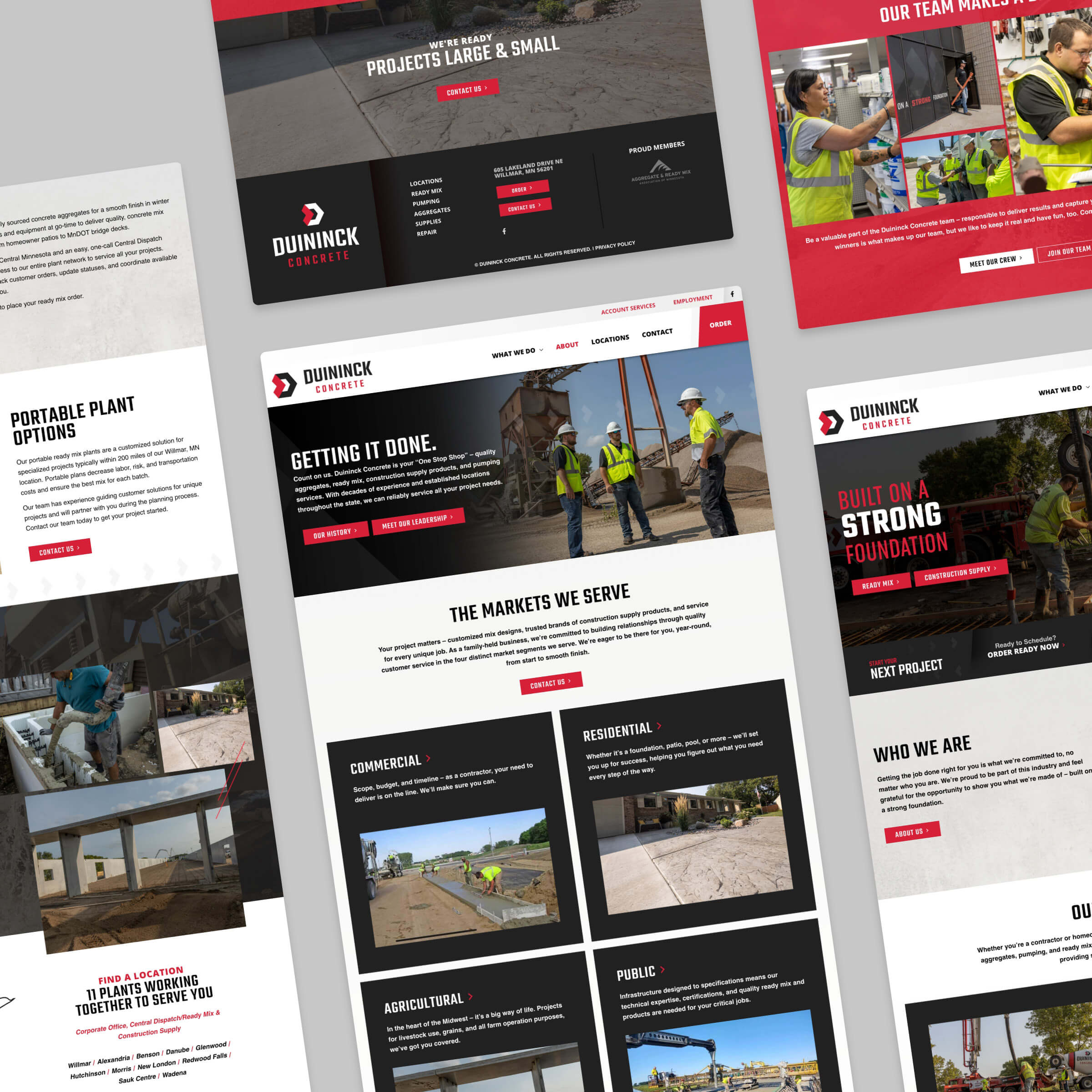 A variety of page designs for the Duininck Concrete website.