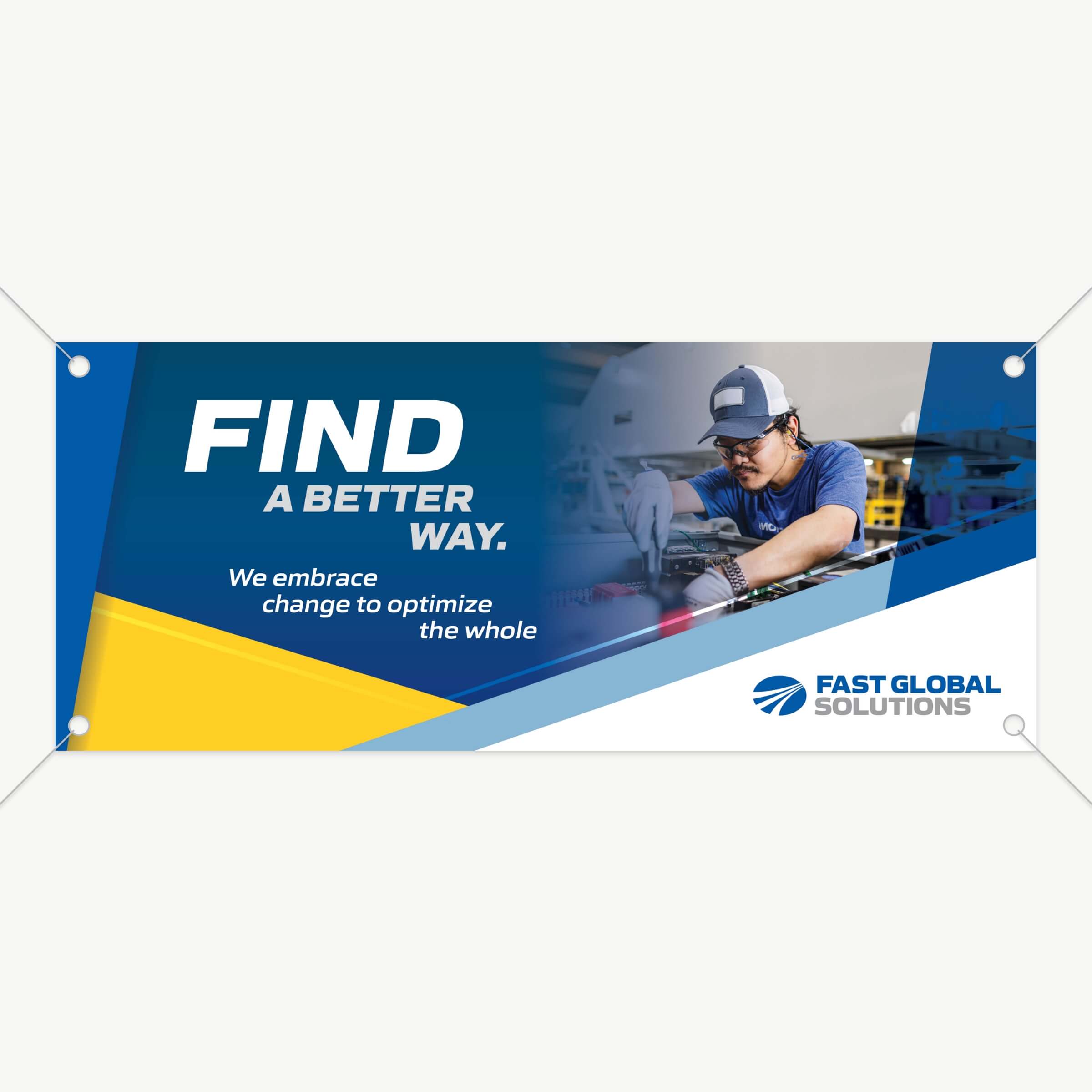 A horizontal banner featuring an employee image and one of the company values.