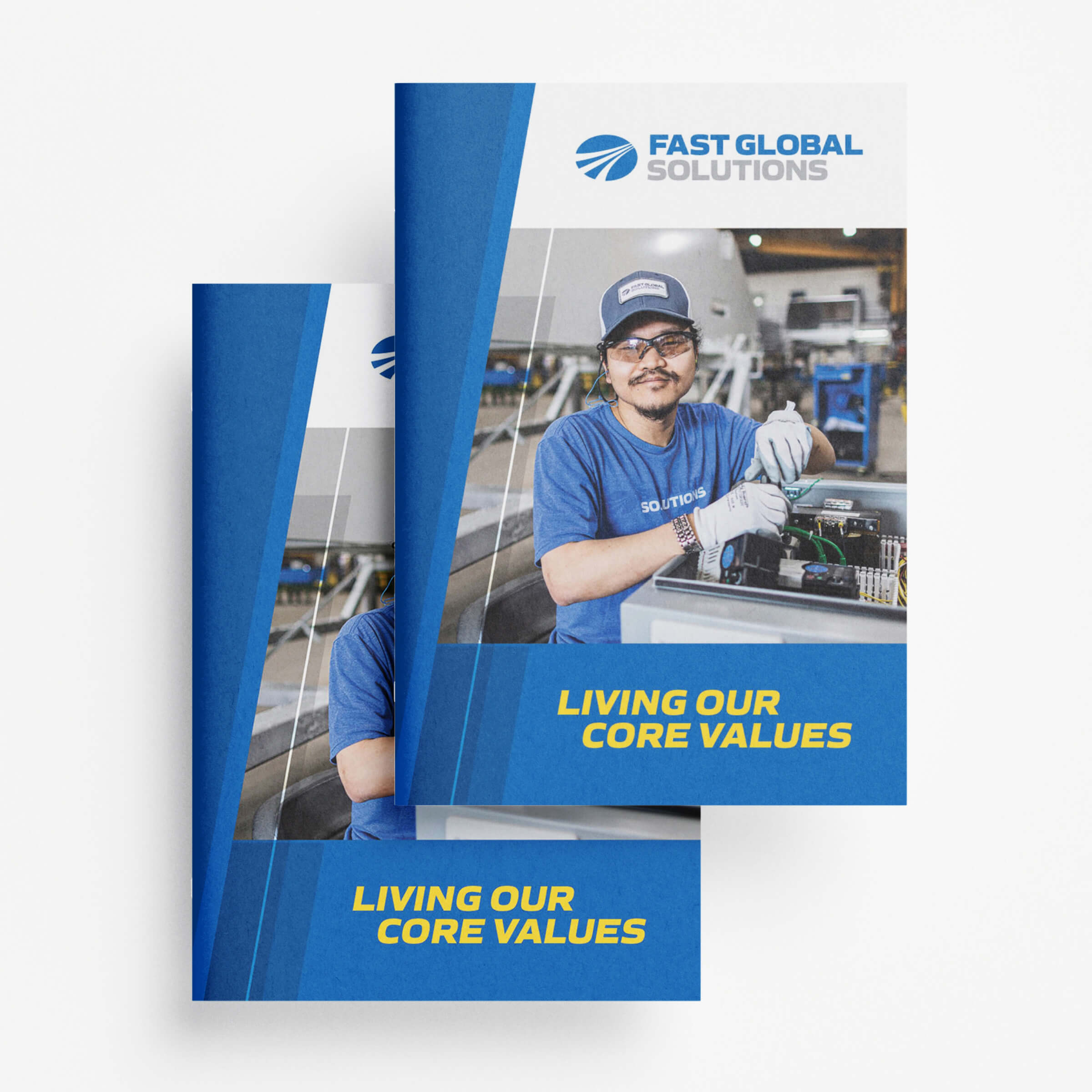 The brochure cover featuring an employee photo.