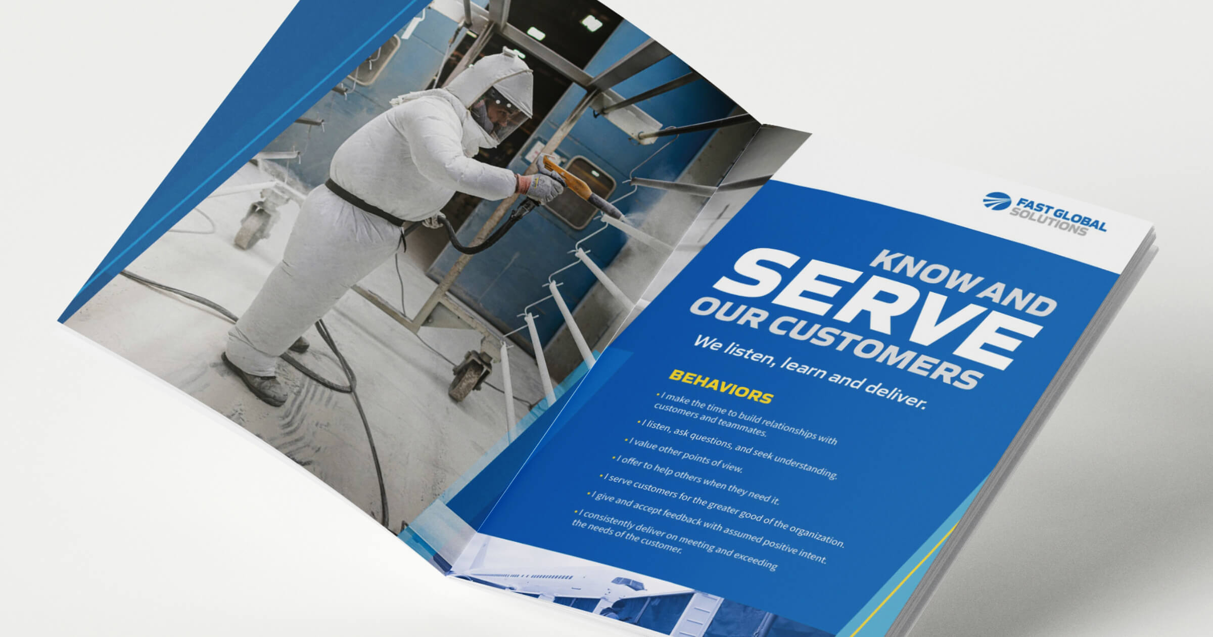 A brochure featuring an image of a welder and the company values