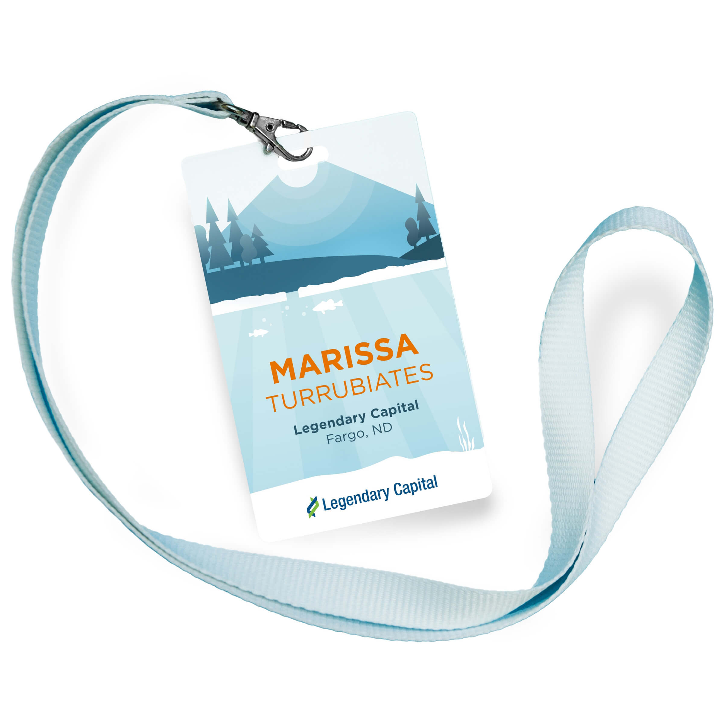 A name tag on a white background, featuring a blue and illustration of trees, hills, ice, and fish underwater.