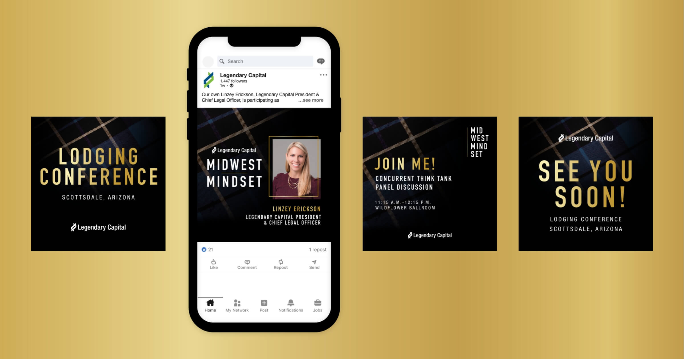 A mobile phone with a social media post.