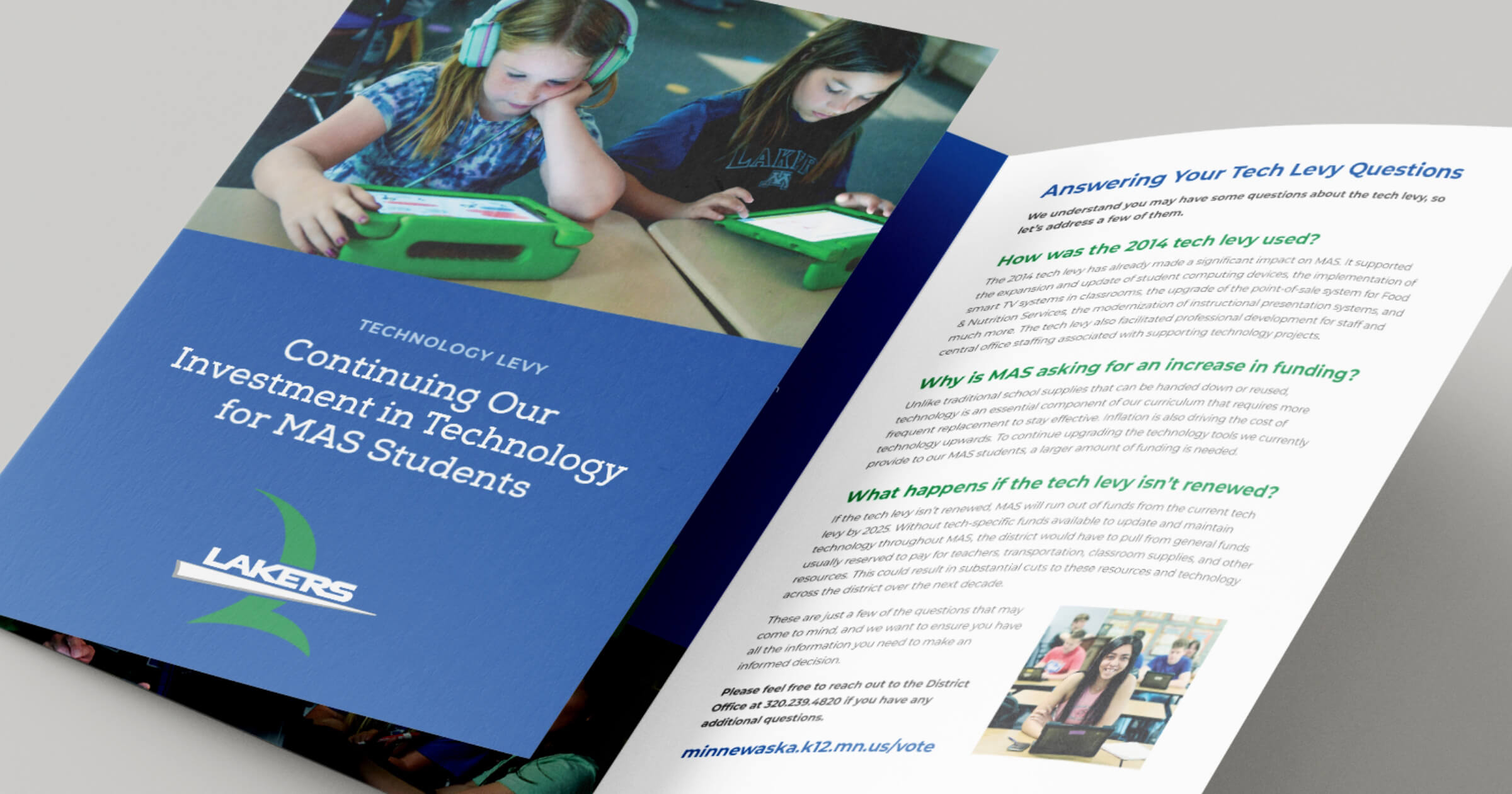 A school brochure with large imagery and text.