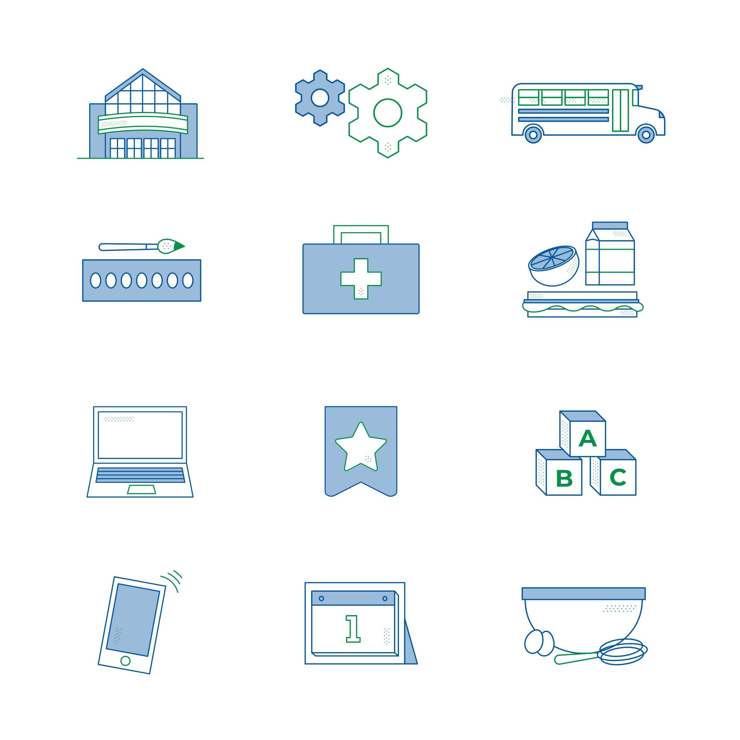 A group of blue, green, and white school-themed icons.