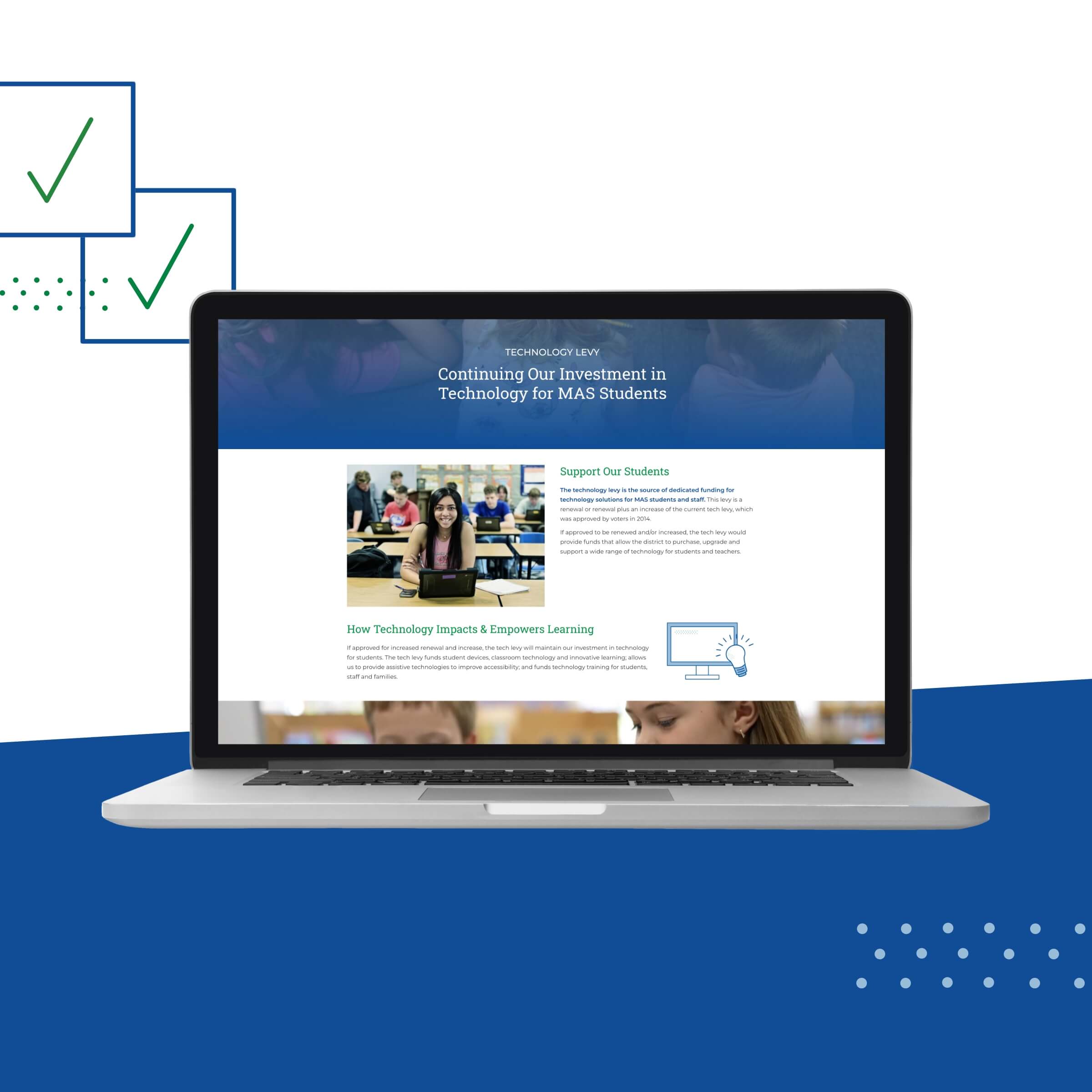 A laptop with a website design.