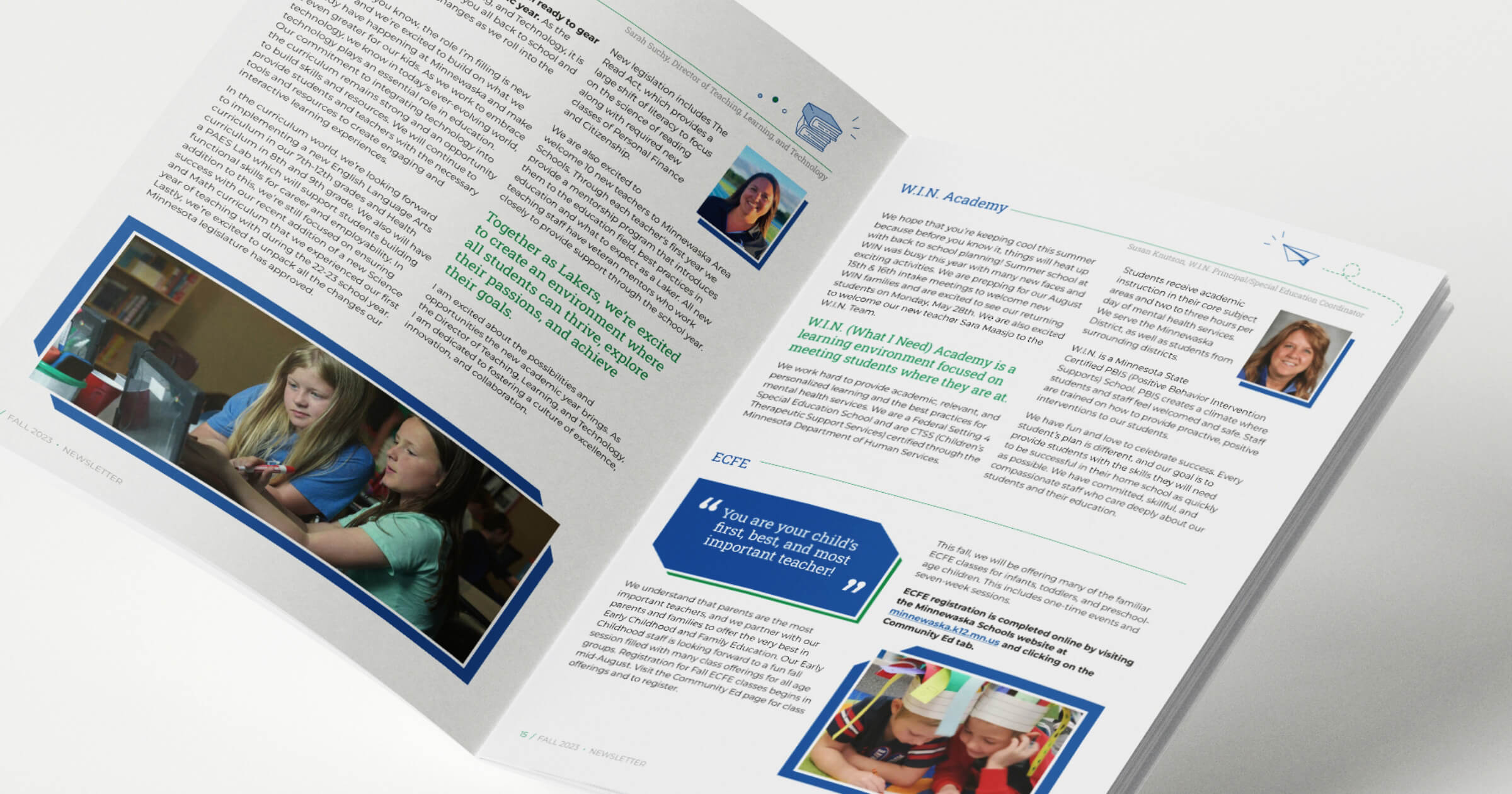 A newsletter featuring text and photos of teachers and students
