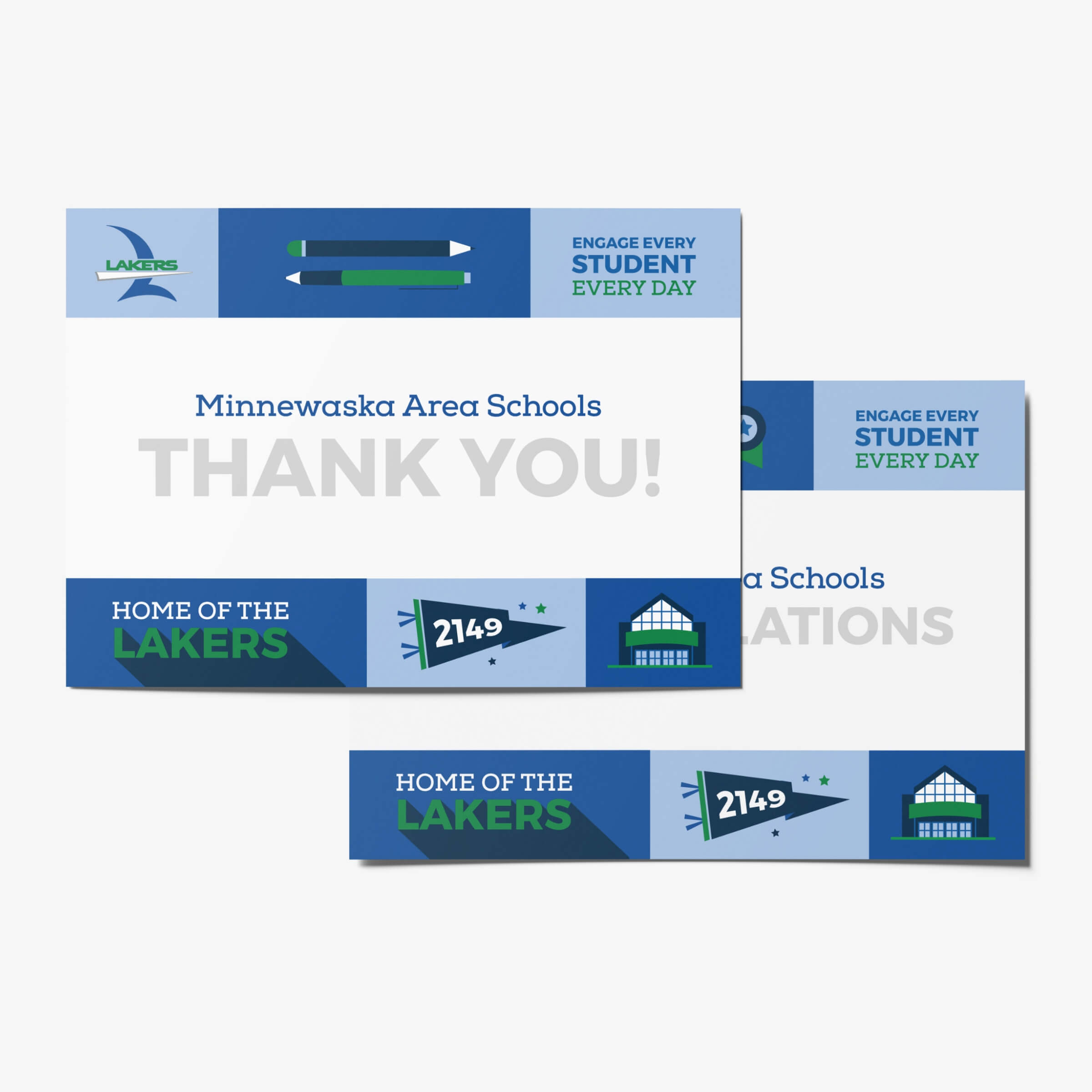 Two blue and white postcards with bold school illustrations and text.