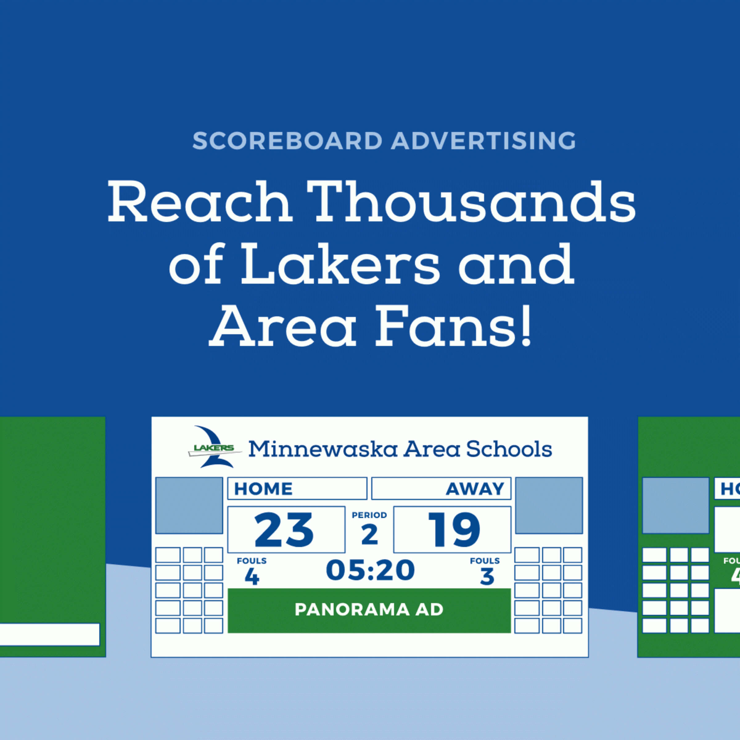 A social media post with a solid blue background and a white illustration of a sports scoreboard to promote advertising opportunities.