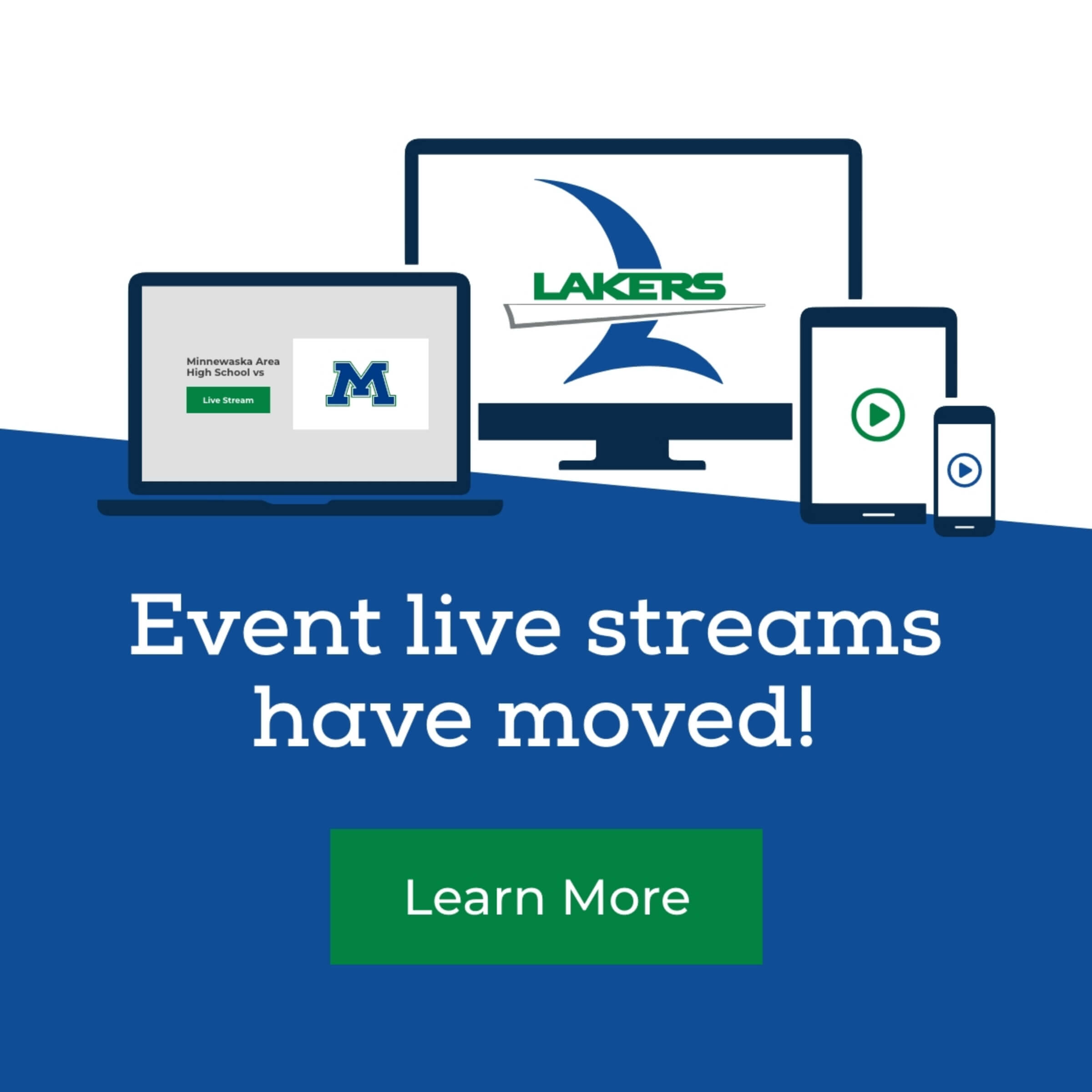 A social media post featuring illustrations of a laptop, desktop computer, tablet, and phone to promote live stream events.