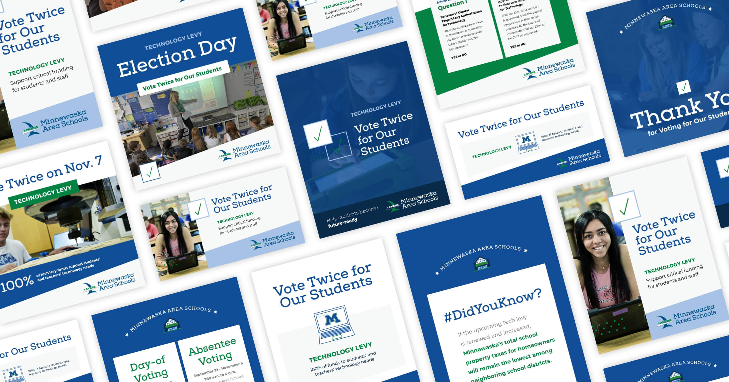 A collage of blue, green, and white social media posts with a variety of text, images, and illustrations.
