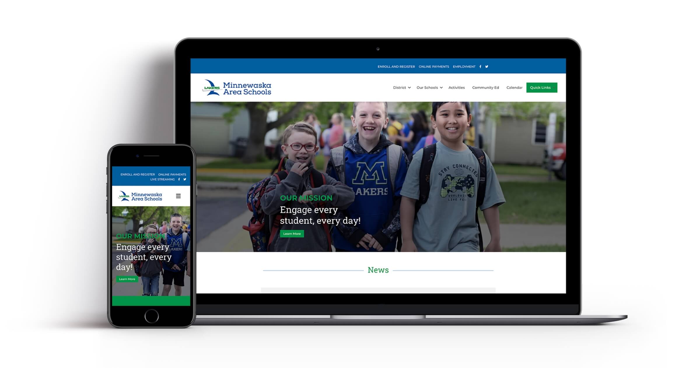 A laptop and smartphone displaying a school website, showcasing its accessibility across different devices.