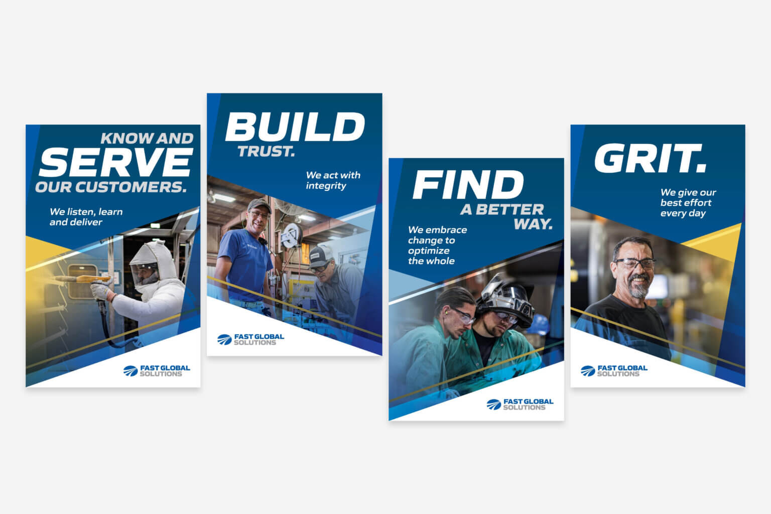 Four blue, yellow, and aqua posters representing FAST Global Solution's values