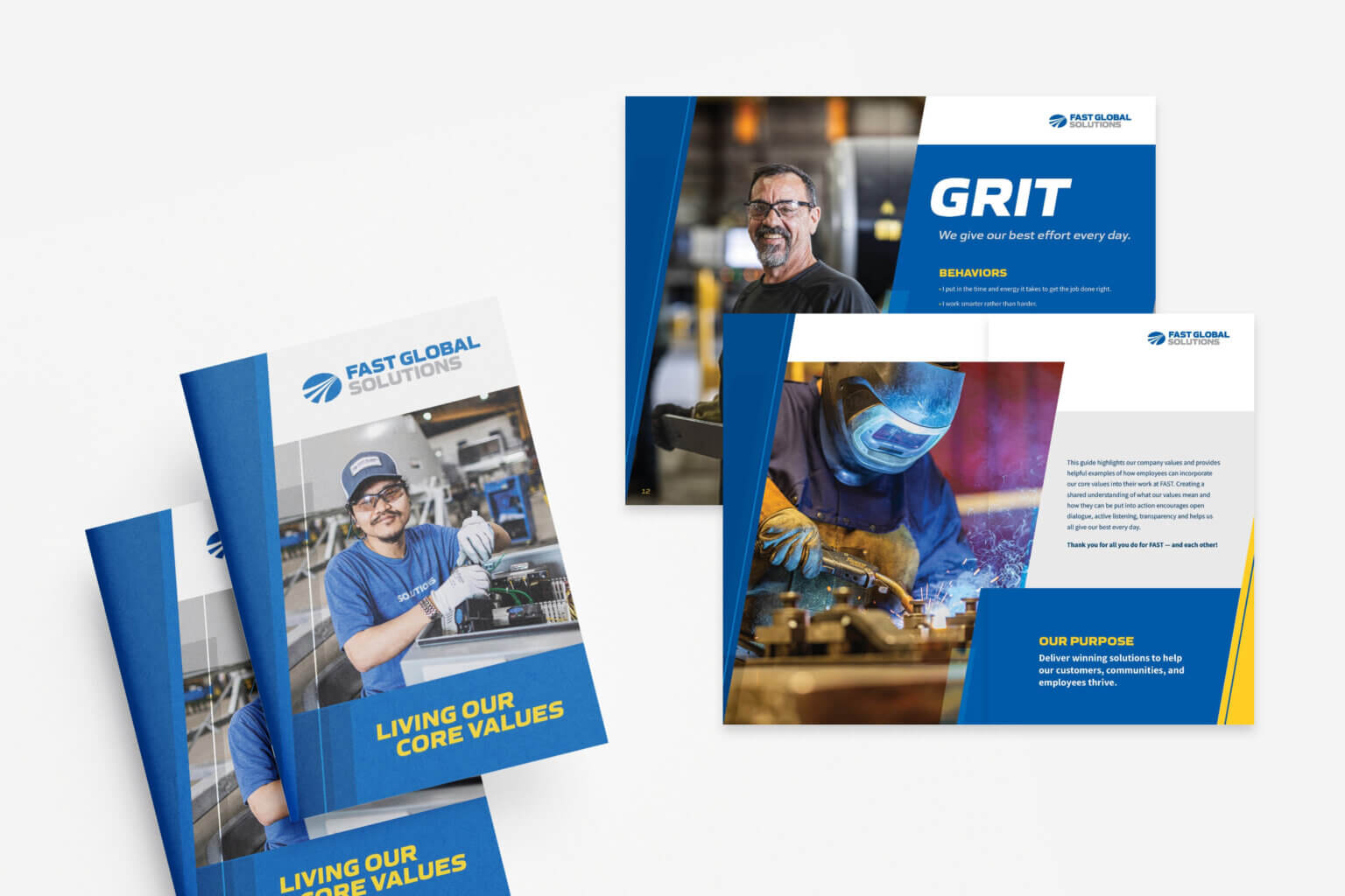 Mockup of brochure front cover and inside spreads on light gray background