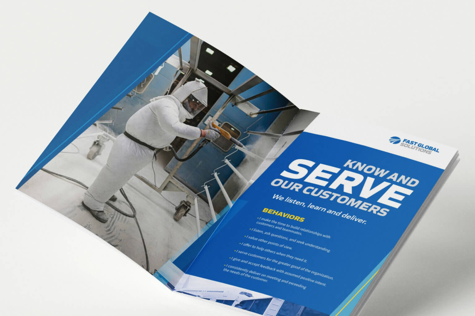 Mockup of inside spread of brochure on light gray background