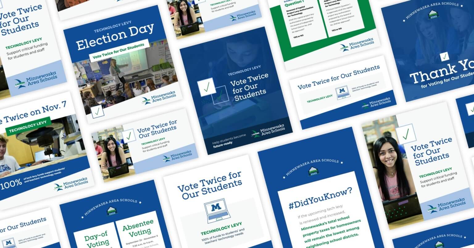 Collage of blue and green social media posts