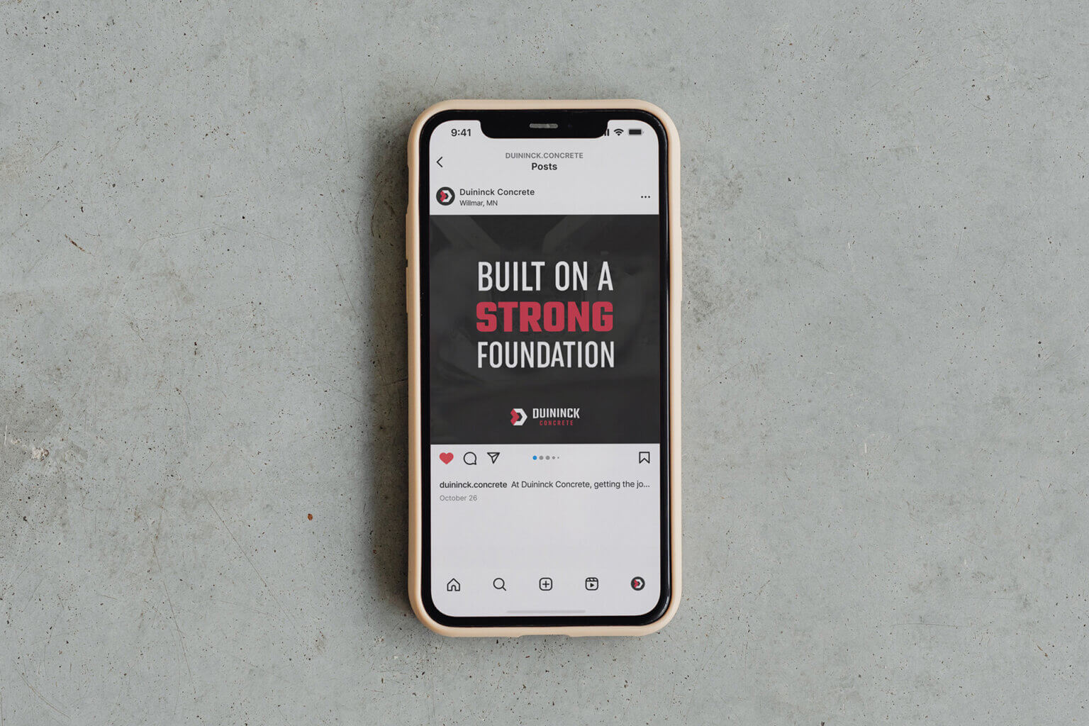 Instagram post on an iphone sitting on a concrete surface