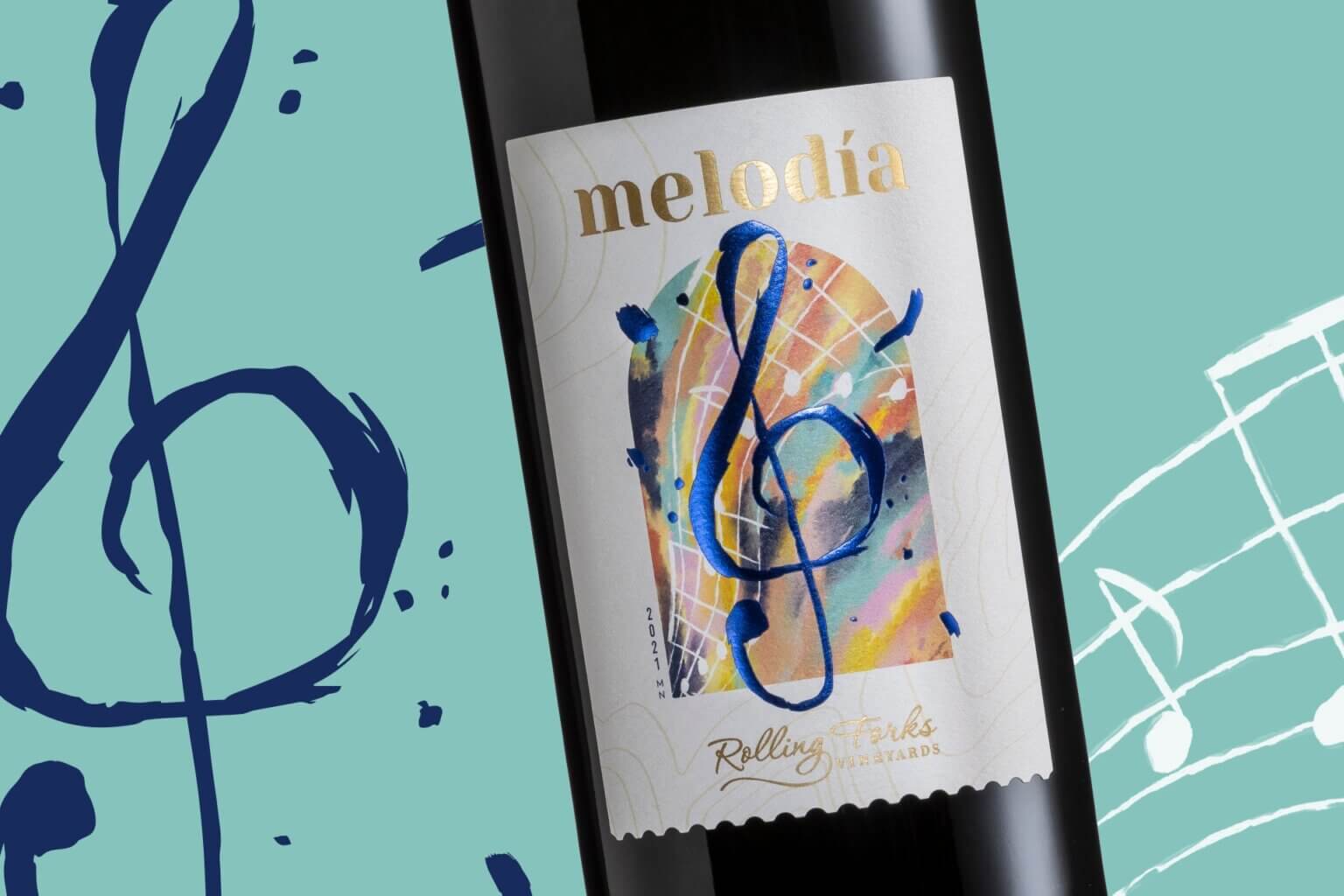 Melodia wine label on blue background with musical notes behind