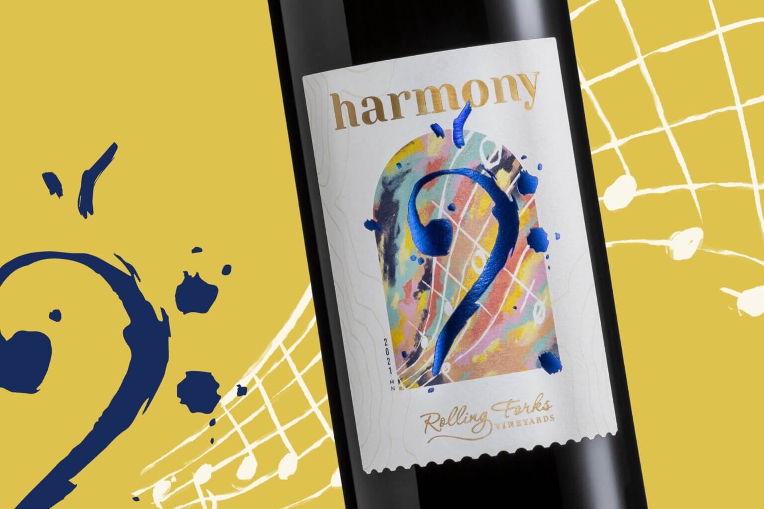 Harmony wine label on yellow background with music notes behind
