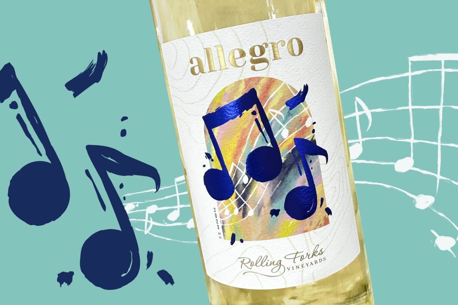 Allegro wine label on teal background with music notes behind