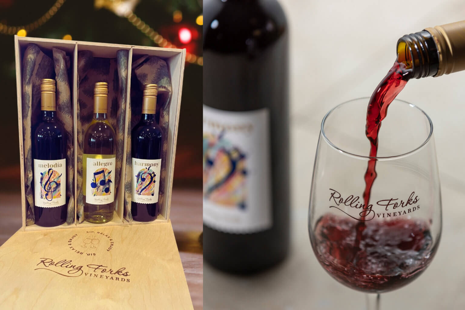 Trio of wines in wooden gift box and red wine pour into wine glass
