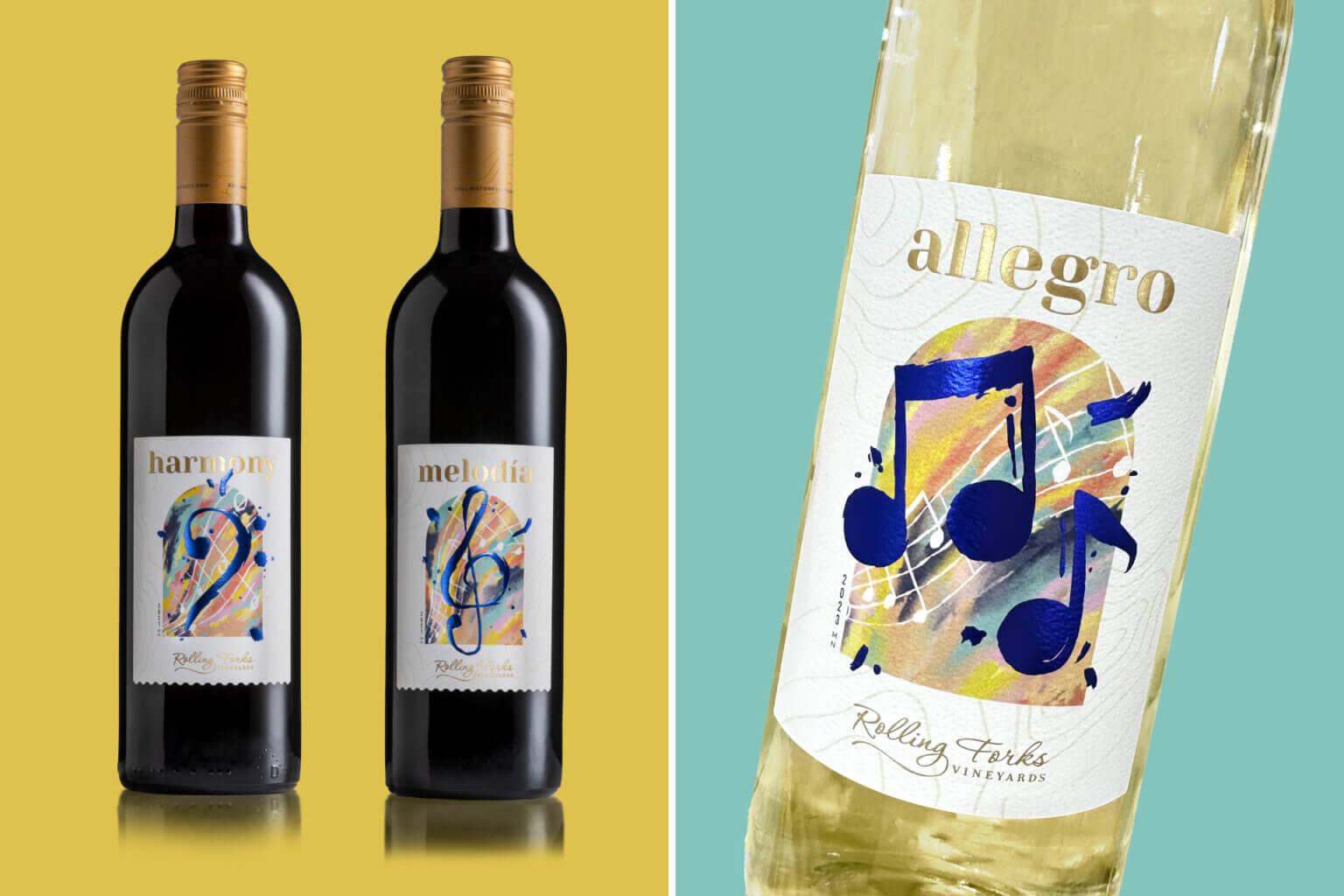 Two dark wine bottles on a yellow background and one white wine bottle on a blue background